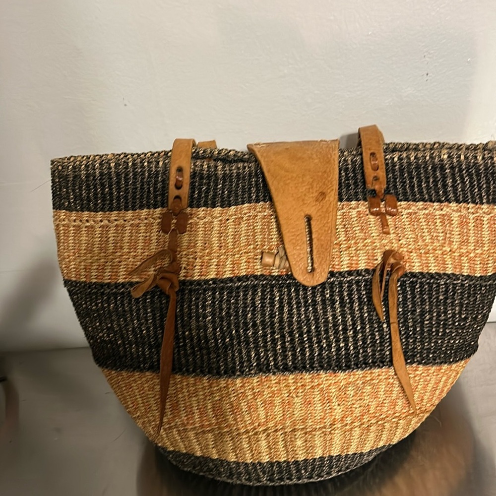 Vintage 90s Sisal Stripe Leather Shoulder Bag Market Tote
